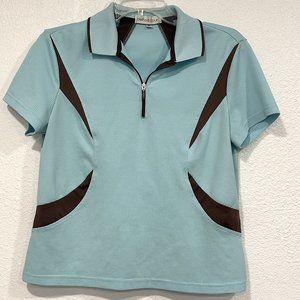 Bette & Court Polo Top Golf Tennis Powder Blue Brown 1/4 Zip Short Slv Women MED